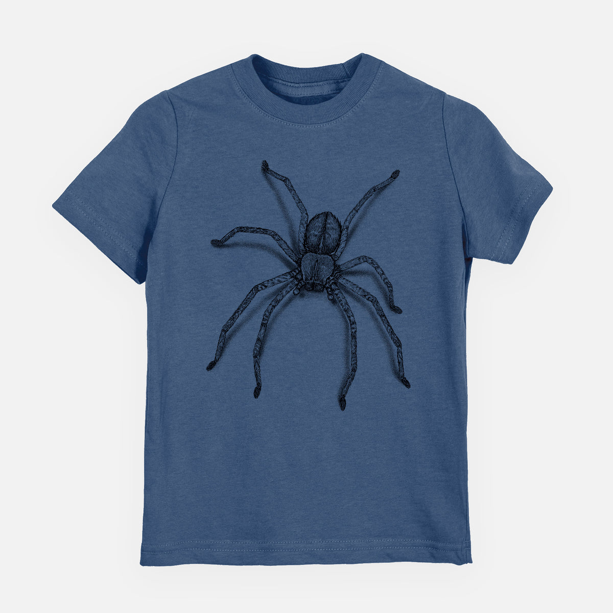 Indigo blue youth t-shirt laid flat, printed with a detailed black ink illustration of a huntsman spider with long legs spread.