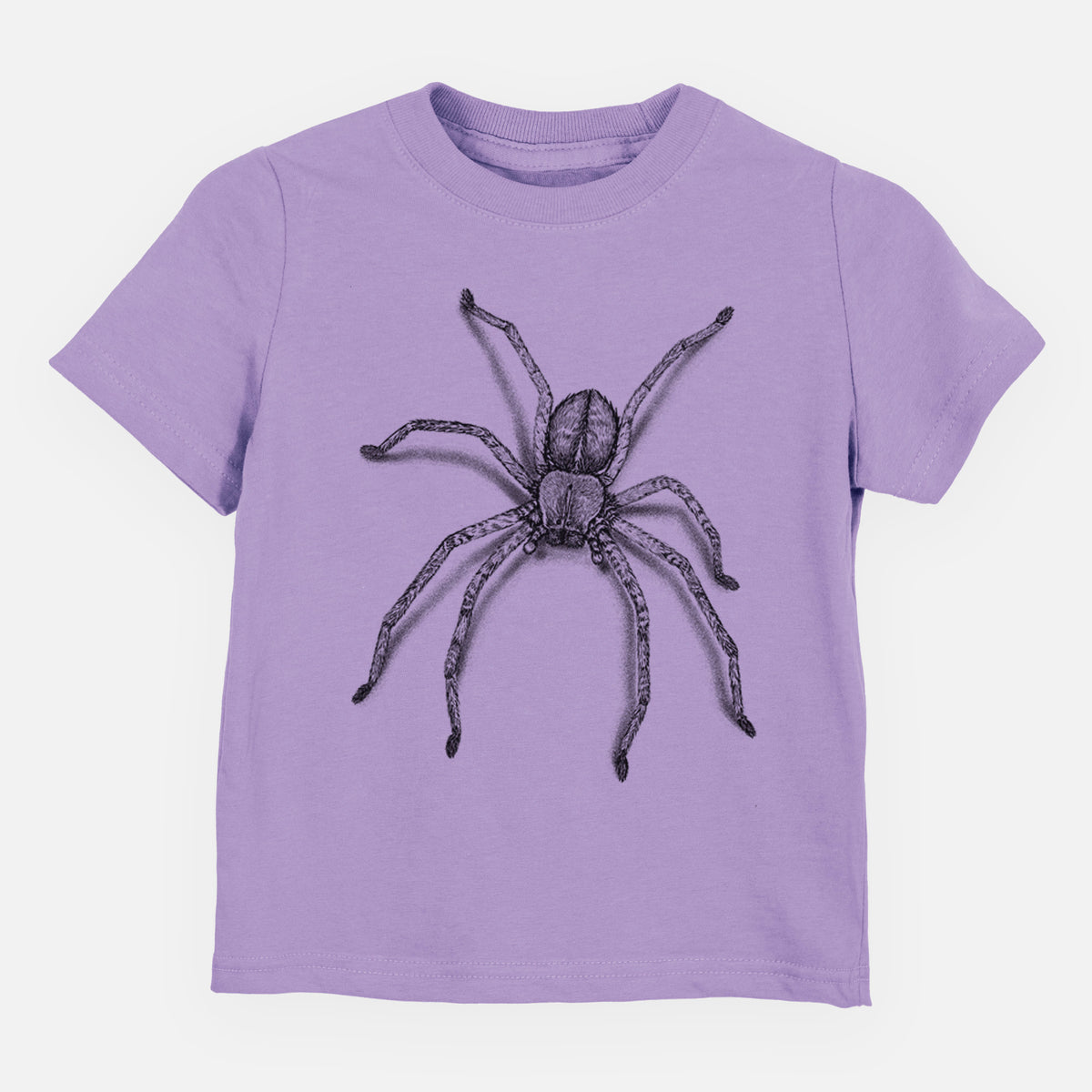 Lavender toddler t-shirt laid flat, printed with a detailed black ink illustration of a huntsman spider with long legs spread.