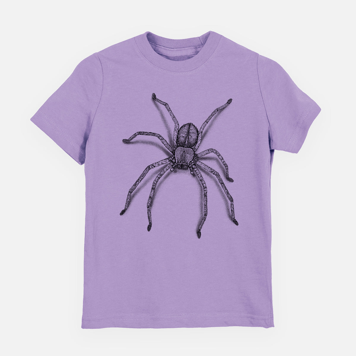 Lavender youth t-shirt laid flat, printed with a detailed black ink illustration of a huntsman spider with long legs spread.