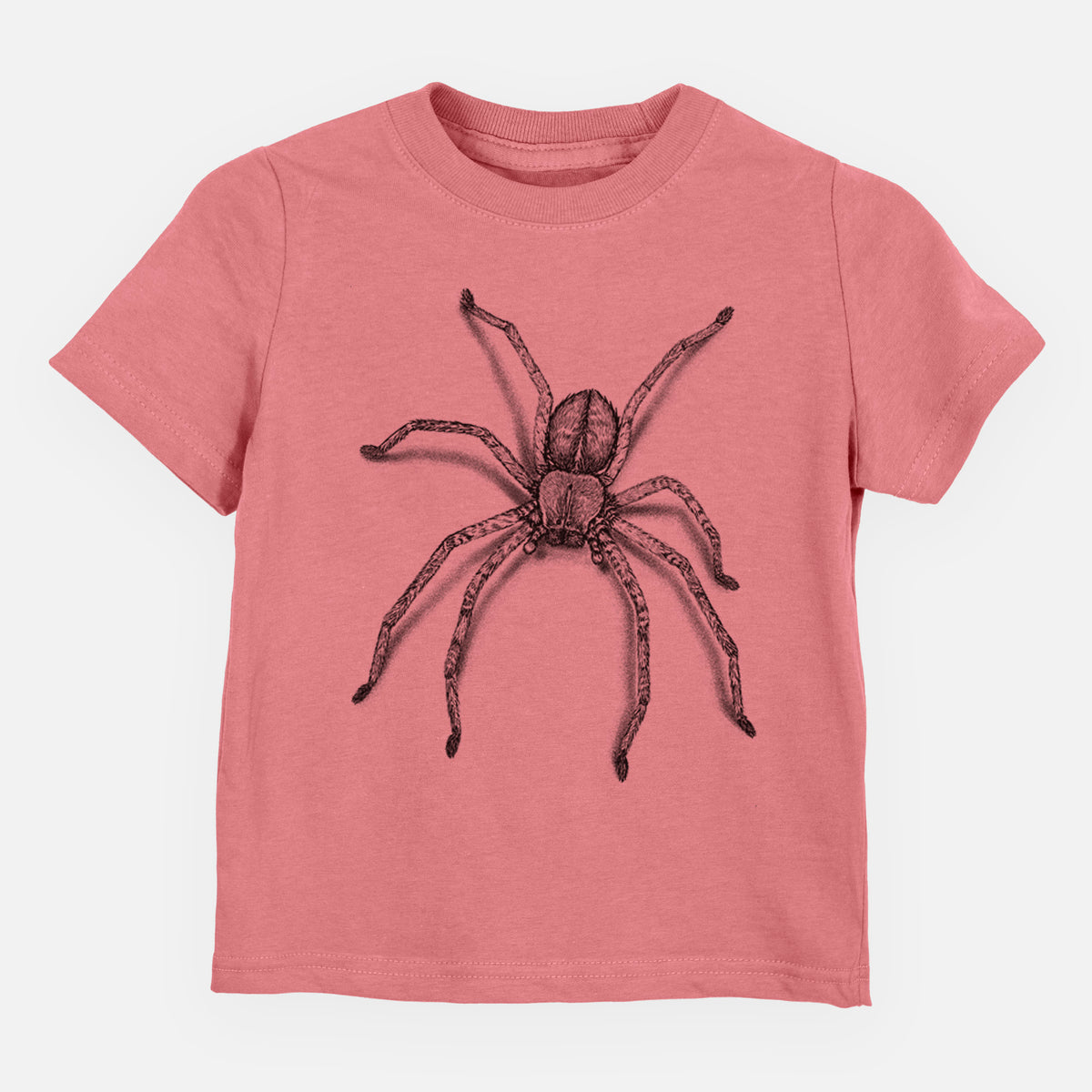 Mauve pink toddler t-shirt laid flat, printed with a detailed black ink illustration of a huntsman spider with long legs spread.