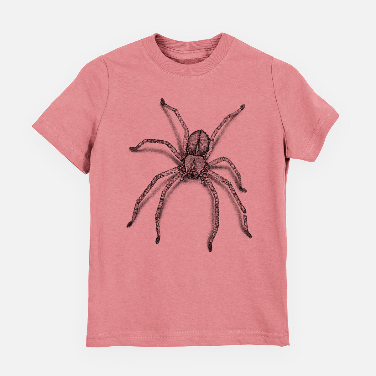 Mauve pink youth t-shirt laid flat, printed with a detailed black ink illustration of a huntsman spider with long legs spread.