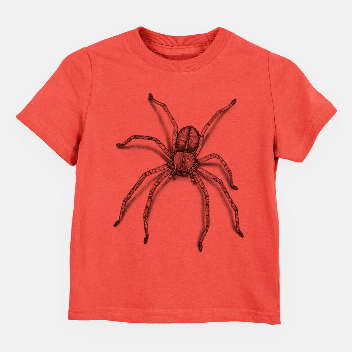 Passionfruit pink toddler t-shirt laid flat, printed with a detailed black ink illustration of a huntsman spider with long legs spread.