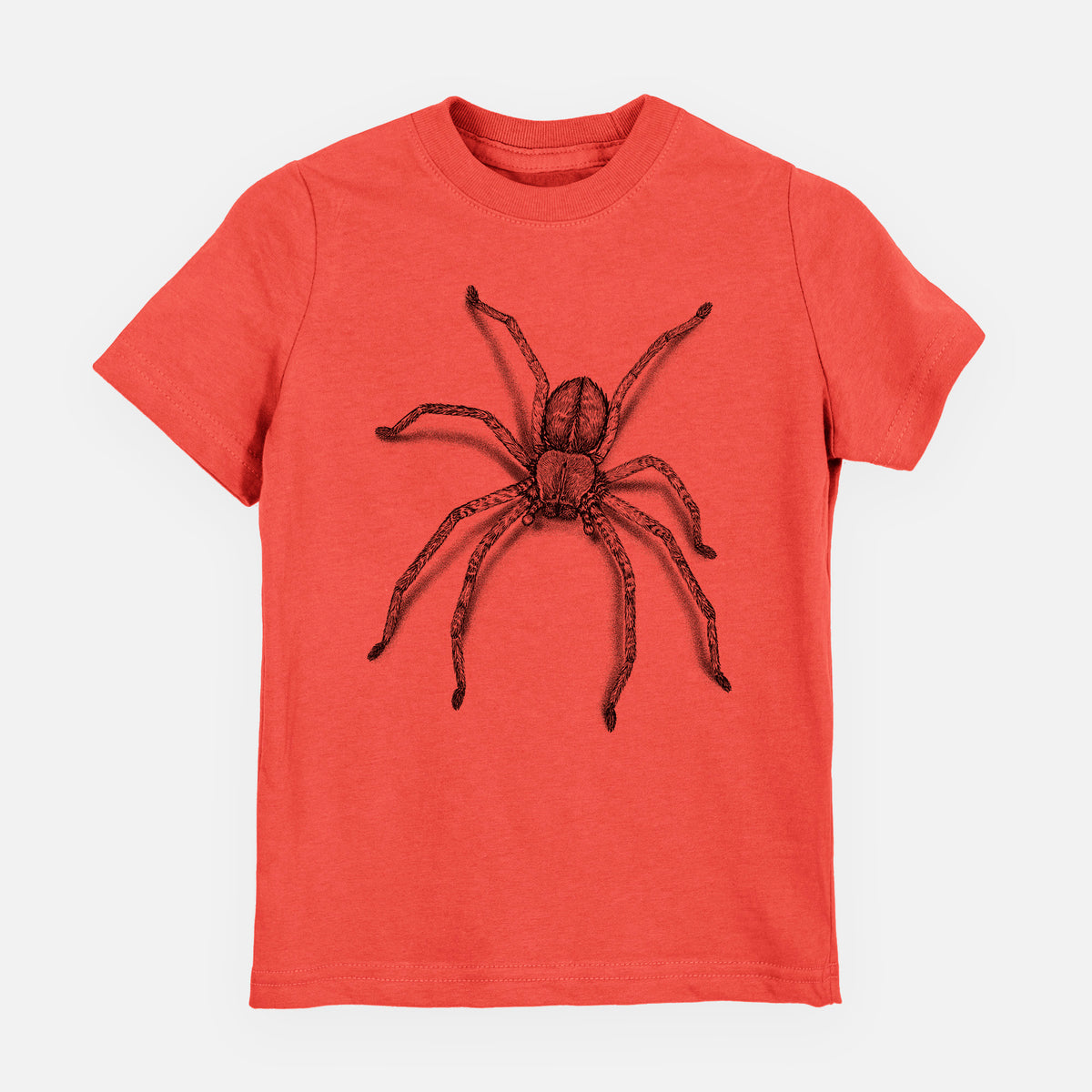Passionfruit pink youth t-shirt laid flat, printed with a detailed black ink illustration of a huntsman spider with long legs spread.