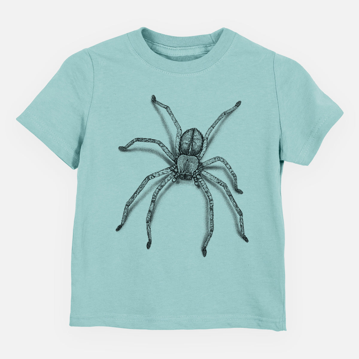 Saltwater toddler t-shirt laid flat, printed with a detailed black ink illustration of a huntsman spider with long legs spread.