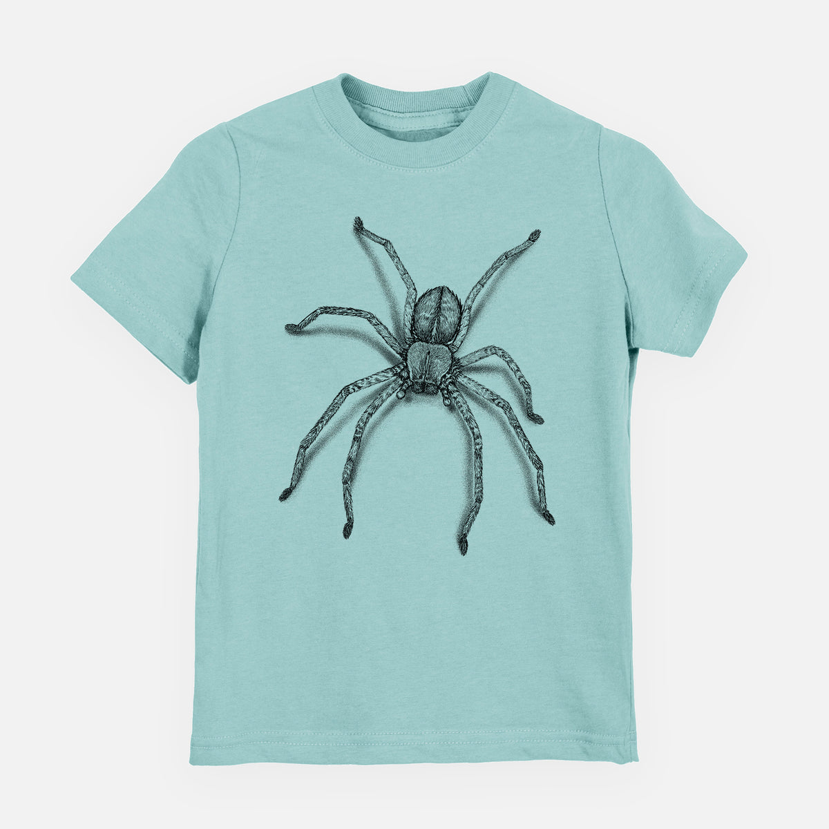 Saltwater youth t-shirt laid flat, printed with a detailed black ink illustration of a huntsman spider with long legs spread.
