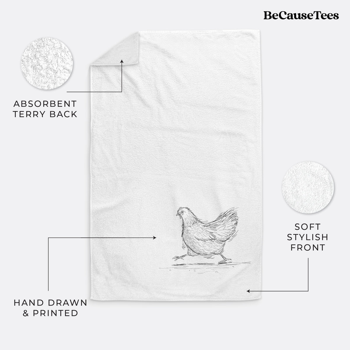 White hand towel printed with a black ink sketch of a hen hurrying along.