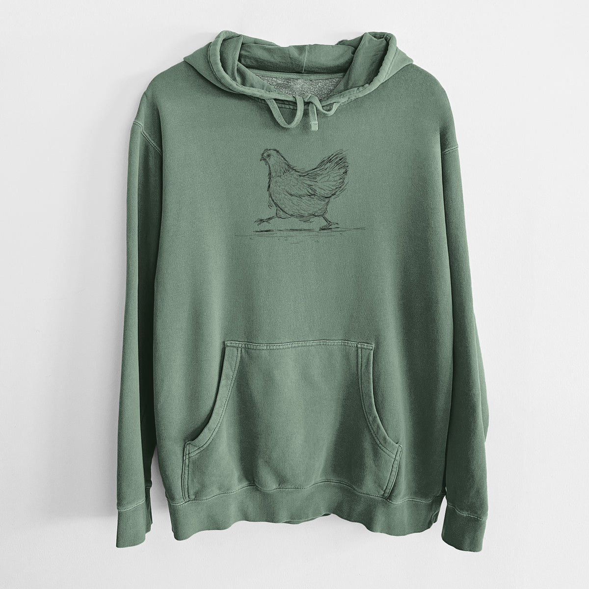 Alpine green pigment dyed hoodie laid flat, printed with a black ink sketch of a hen hurrying along.