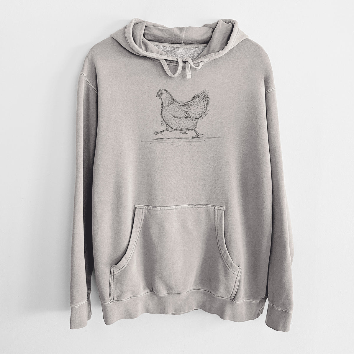 Cement grey pigment dyed hoodie laid flat, printed with a black ink sketch of a hen hurrying along.