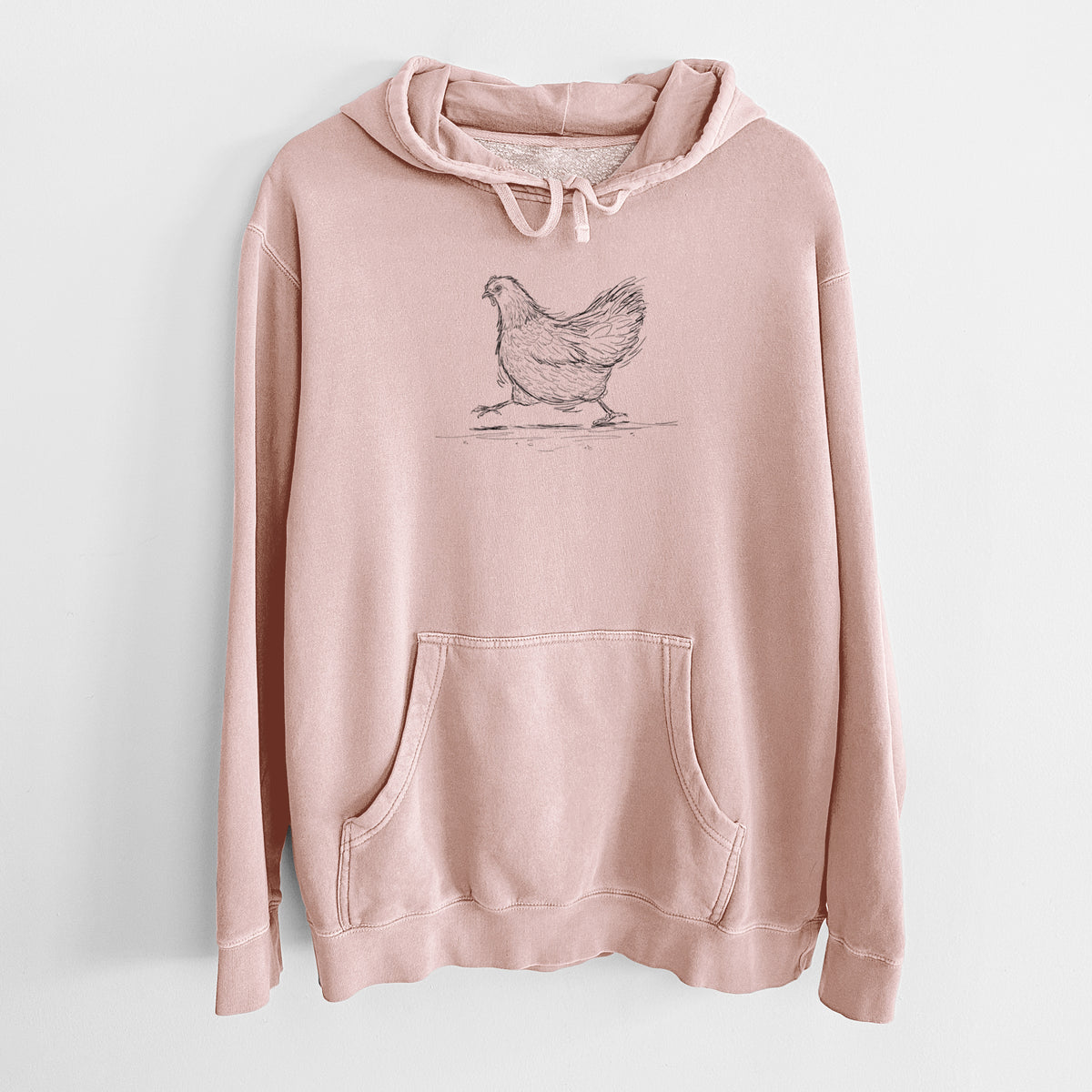 Dusty pink pigment dyed hoodie laid flat, printed with a black ink sketch of a hen hurrying along.