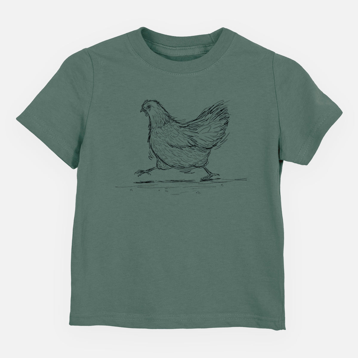 Basil green toddler t-shirt laid flat, printed with a black ink sketch of a hen hurrying along.