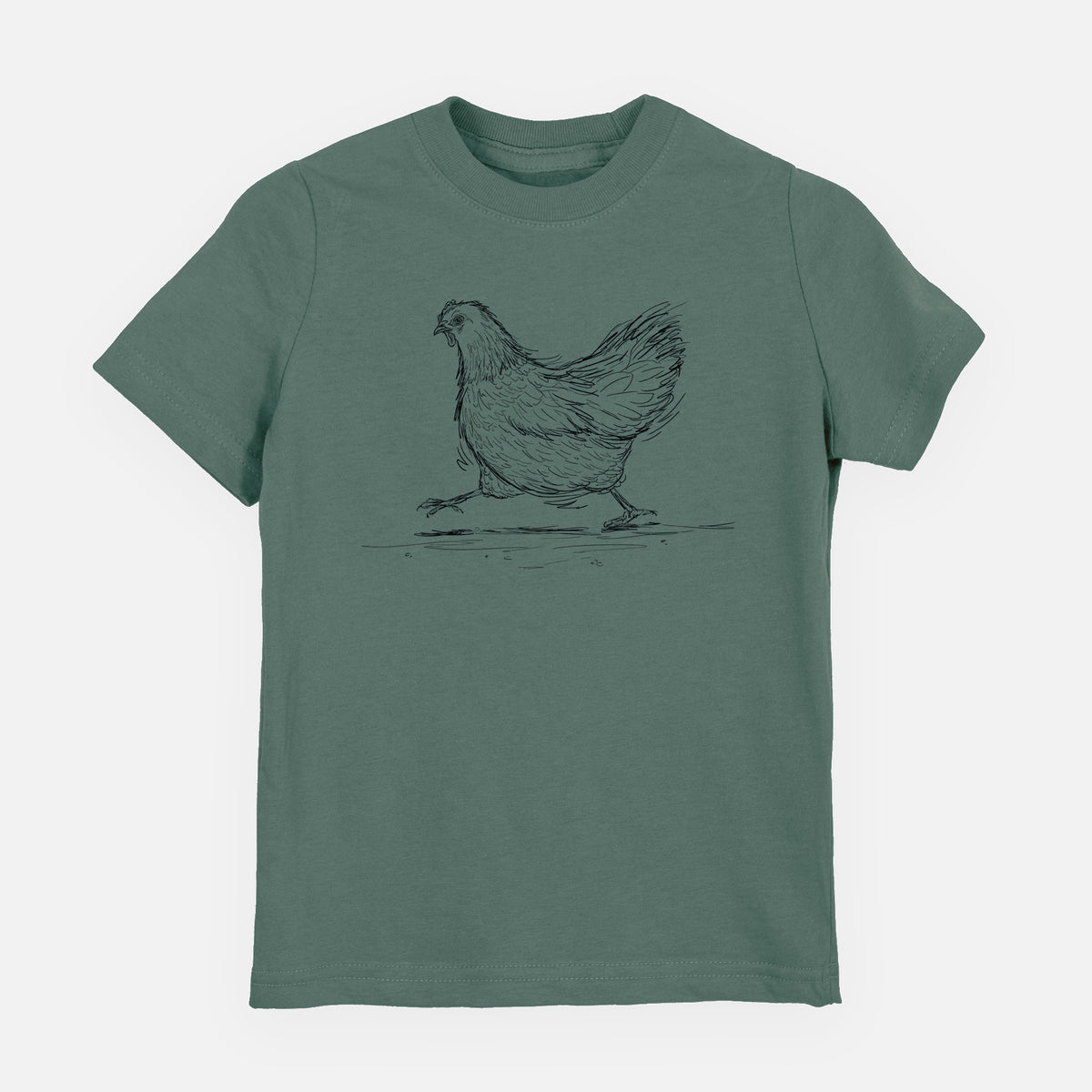 Basil green youth t-shirt laid flat, printed with a black ink sketch of a hen hurrying along.