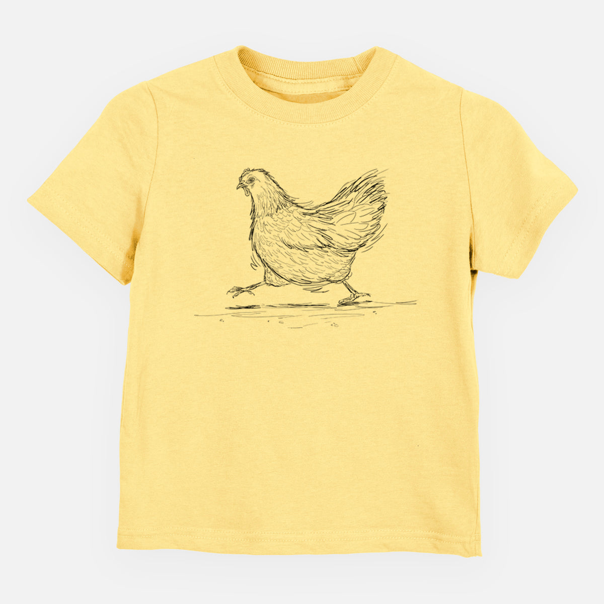 Butter yellow toddler t-shirt laid flat, printed with a black ink sketch of a hen hurrying along.