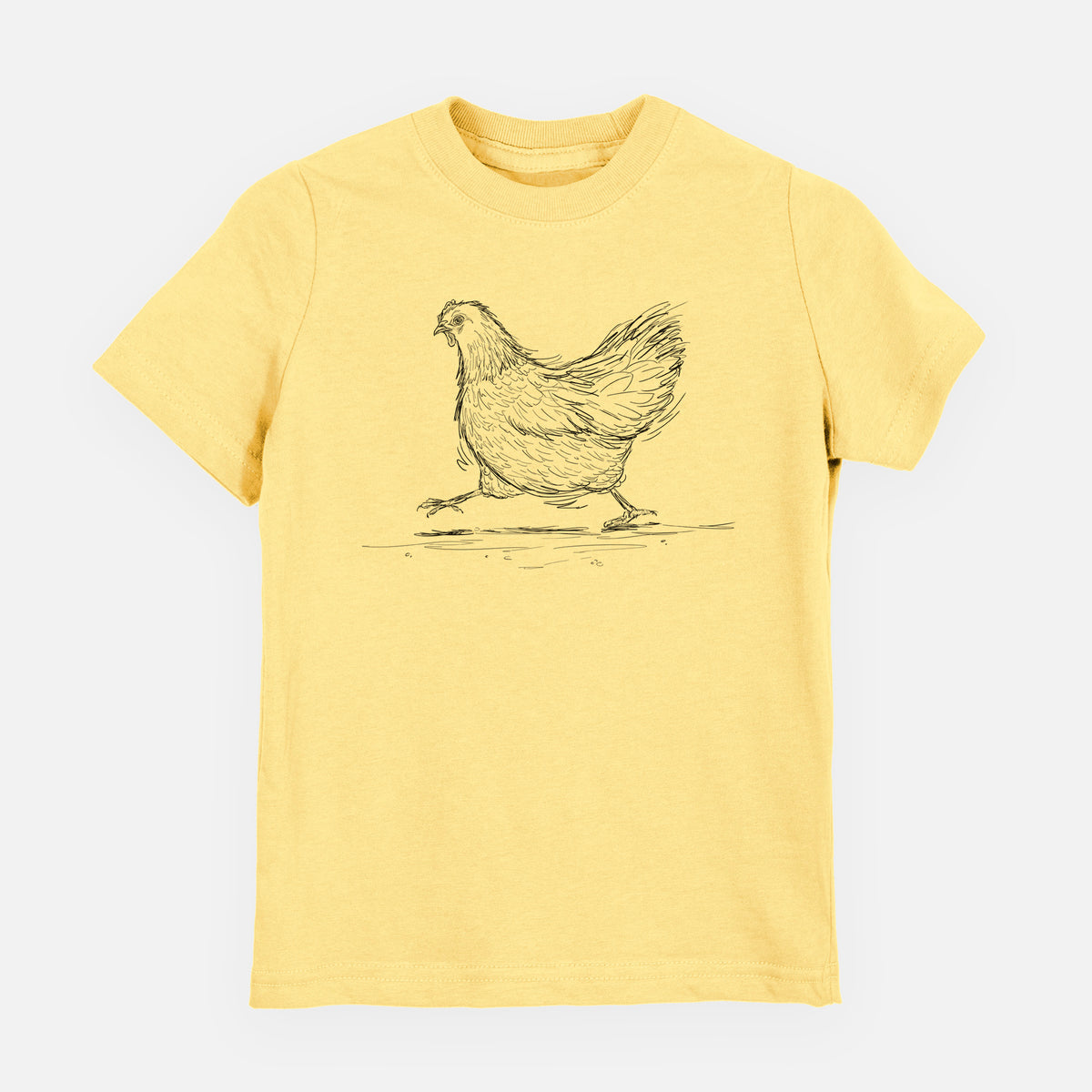 Butter yellow youth t-shirt laid flat, printed with a black ink sketch of a hen hurrying along.