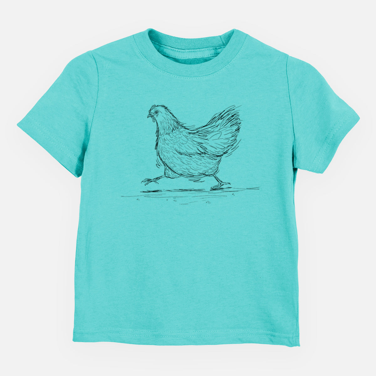 Caribbean blue toddler t-shirt laid flat, printed with a black ink sketch of a hen hurrying along.