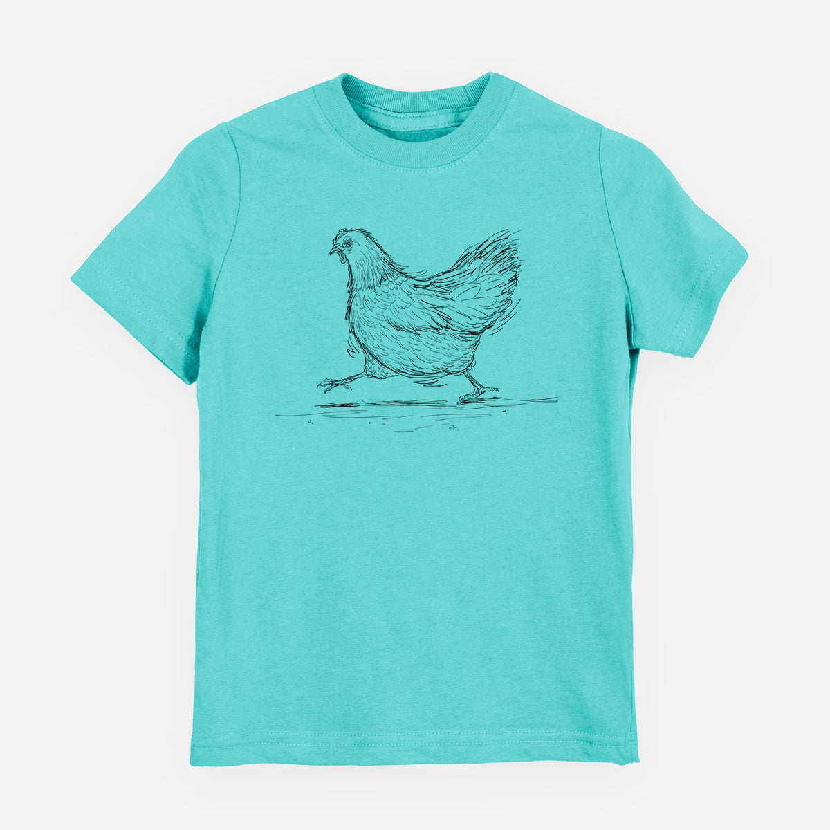 Caribbean blue youth t-shirt laid flat, printed with a black ink sketch of a hen hurrying along.