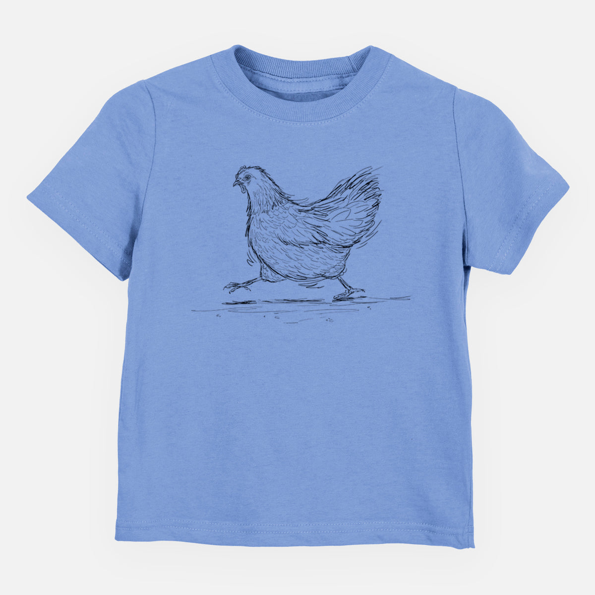 Carolina blue toddler t-shirt laid flat, printed with a black ink sketch of a hen hurrying along.