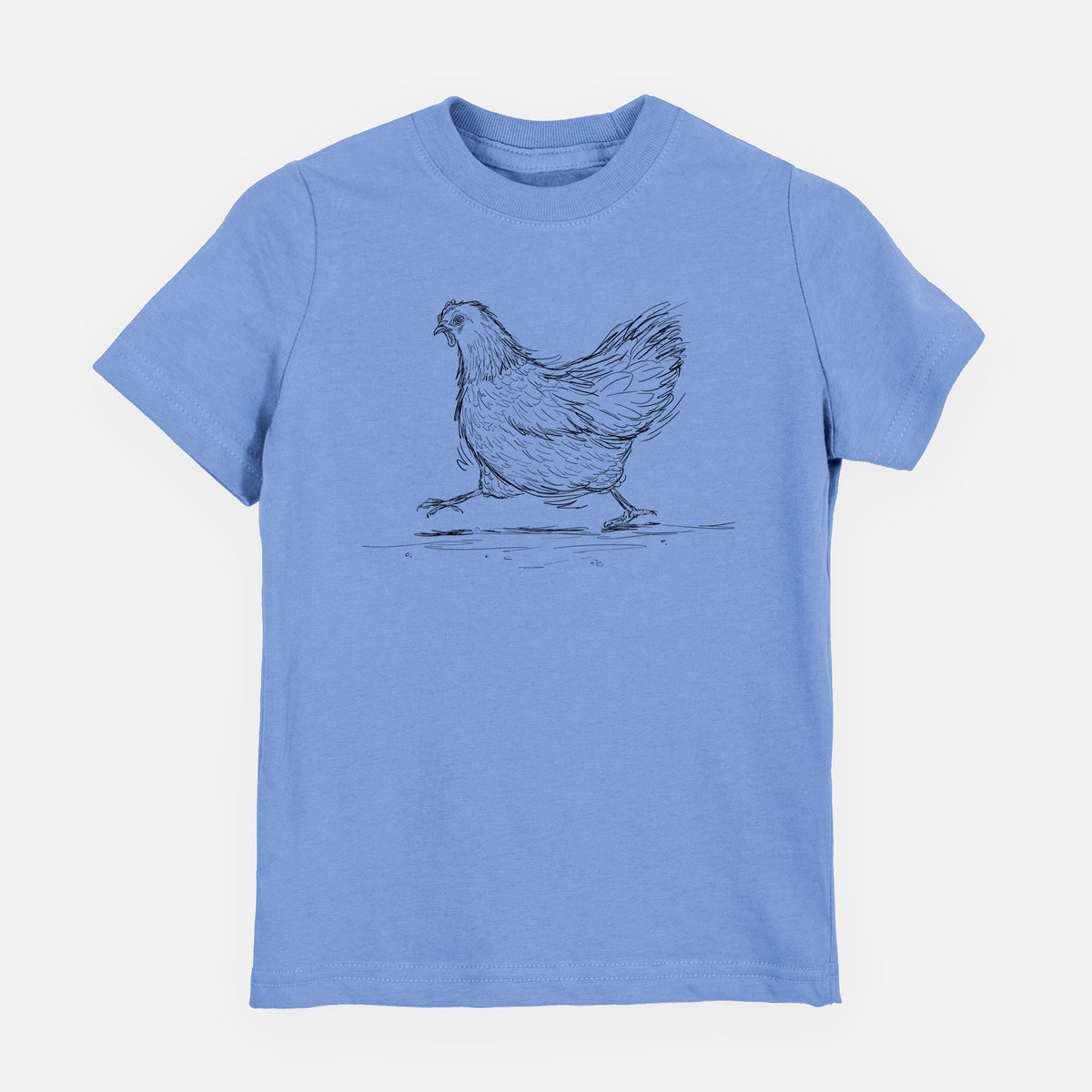 Carolina blue youth t-shirt laid flat, printed with a black ink sketch of a hen hurrying along.