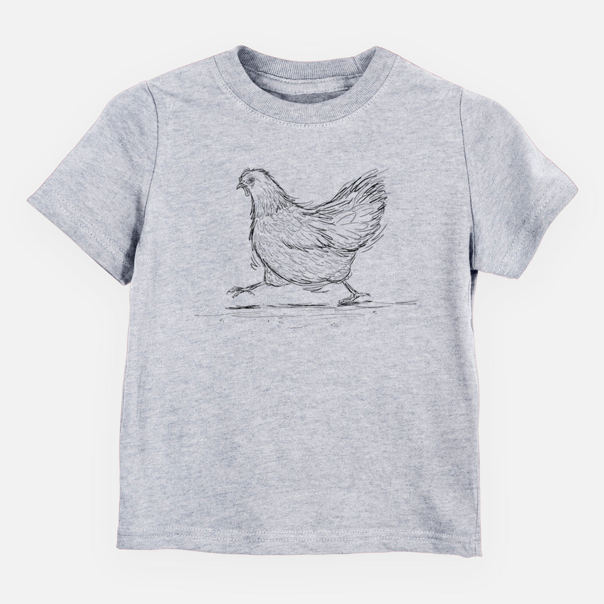 Heather grey toddler t-shirt laid flat, printed with a black ink sketch of a hen hurrying along.