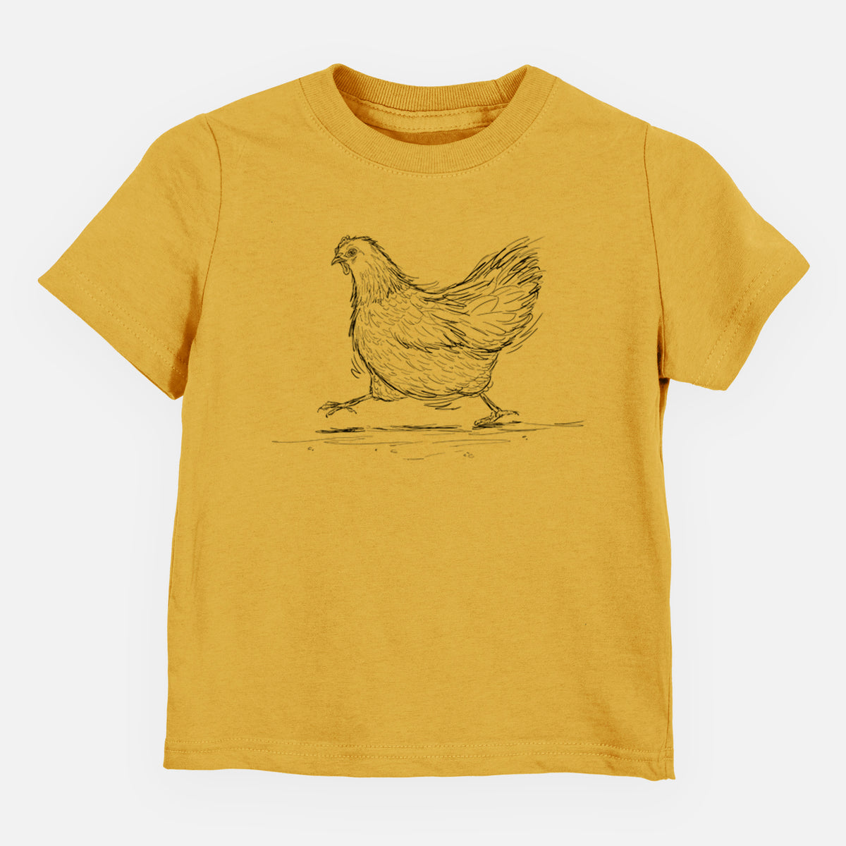 Honeycomb yellow toddler t-shirt laid flat, printed with a black ink sketch of a hen hurrying along.