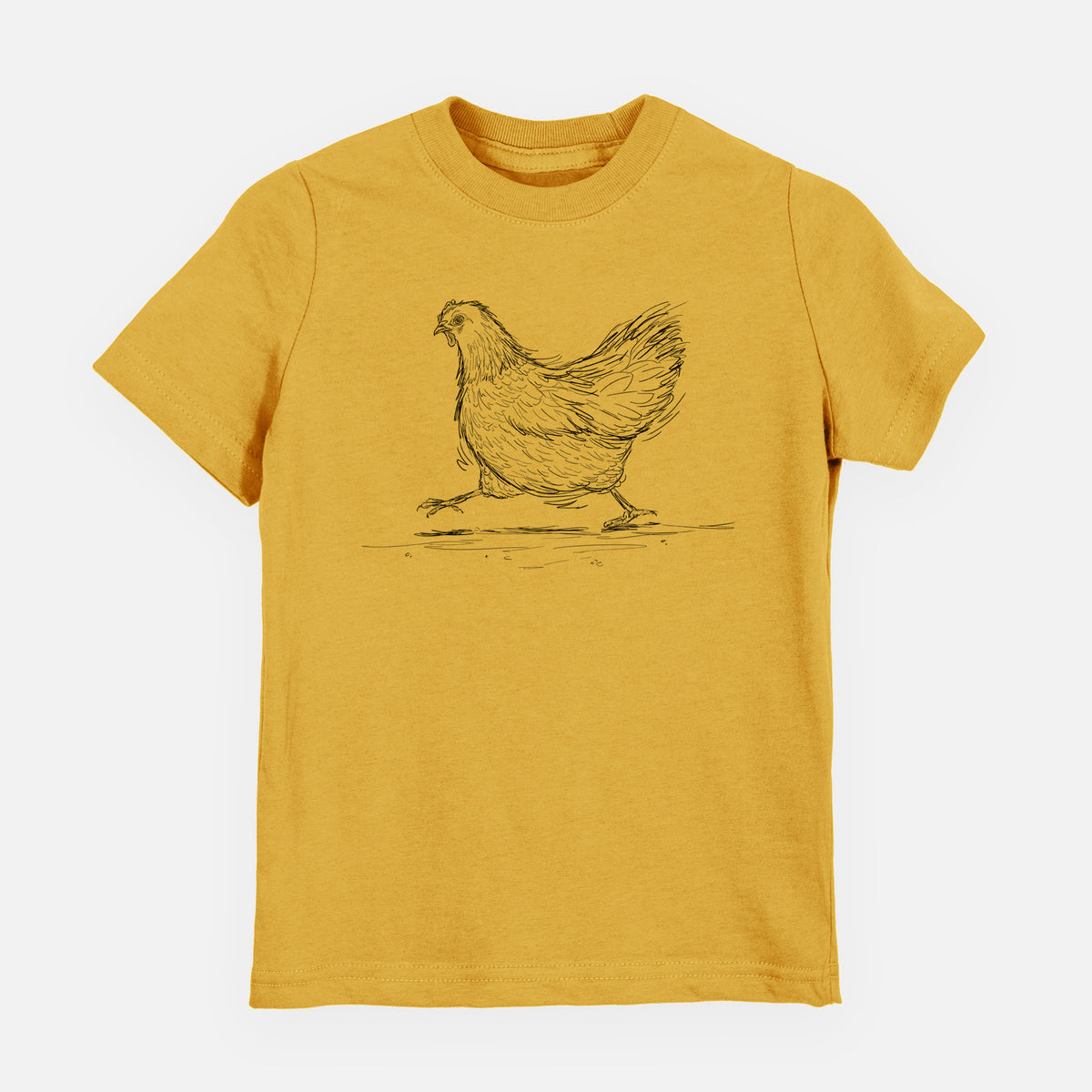 Honeycomb yellow youth t-shirt laid flat, printed with a black ink sketch of a hen hurrying along.