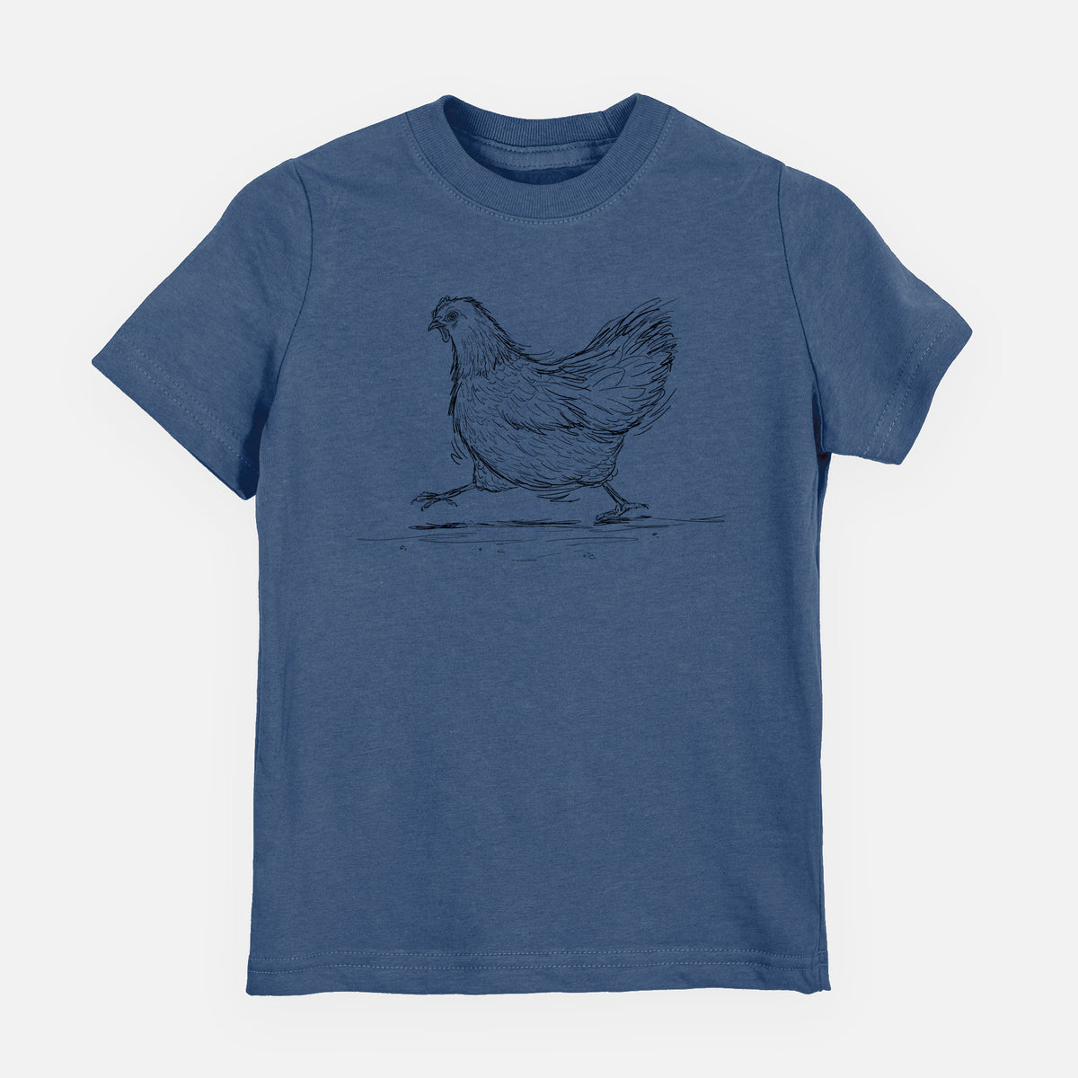 Indigo blue youth t-shirt laid flat, printed with a black ink sketch of a hen hurrying along.