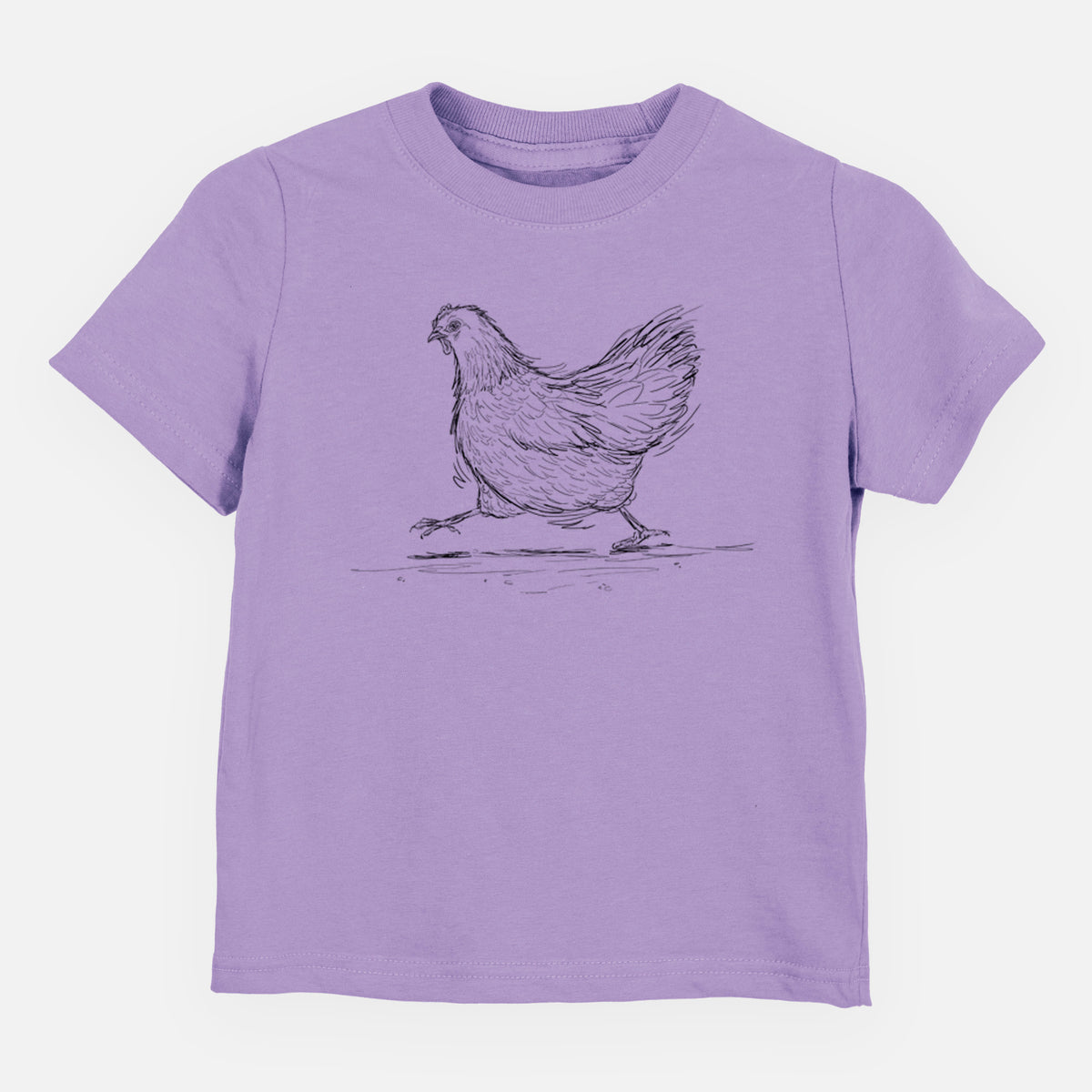 Lavender toddler t-shirt laid flat, printed with a black ink sketch of a hen hurrying along.