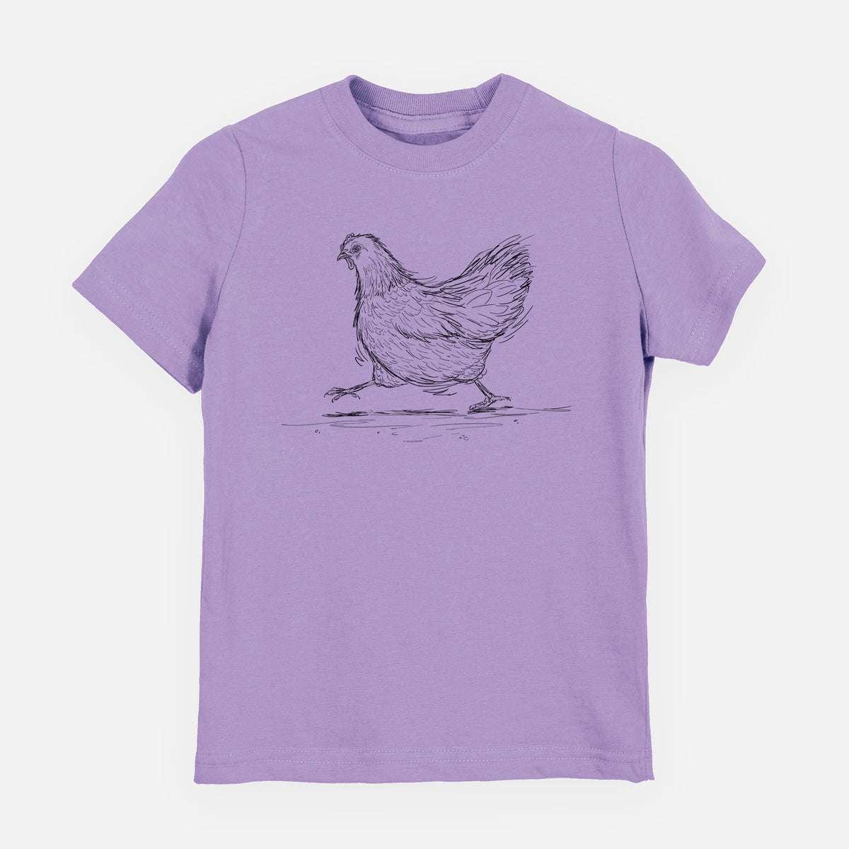 Lavender youth t-shirt laid flat, printed with a black ink sketch of a hen hurrying along.