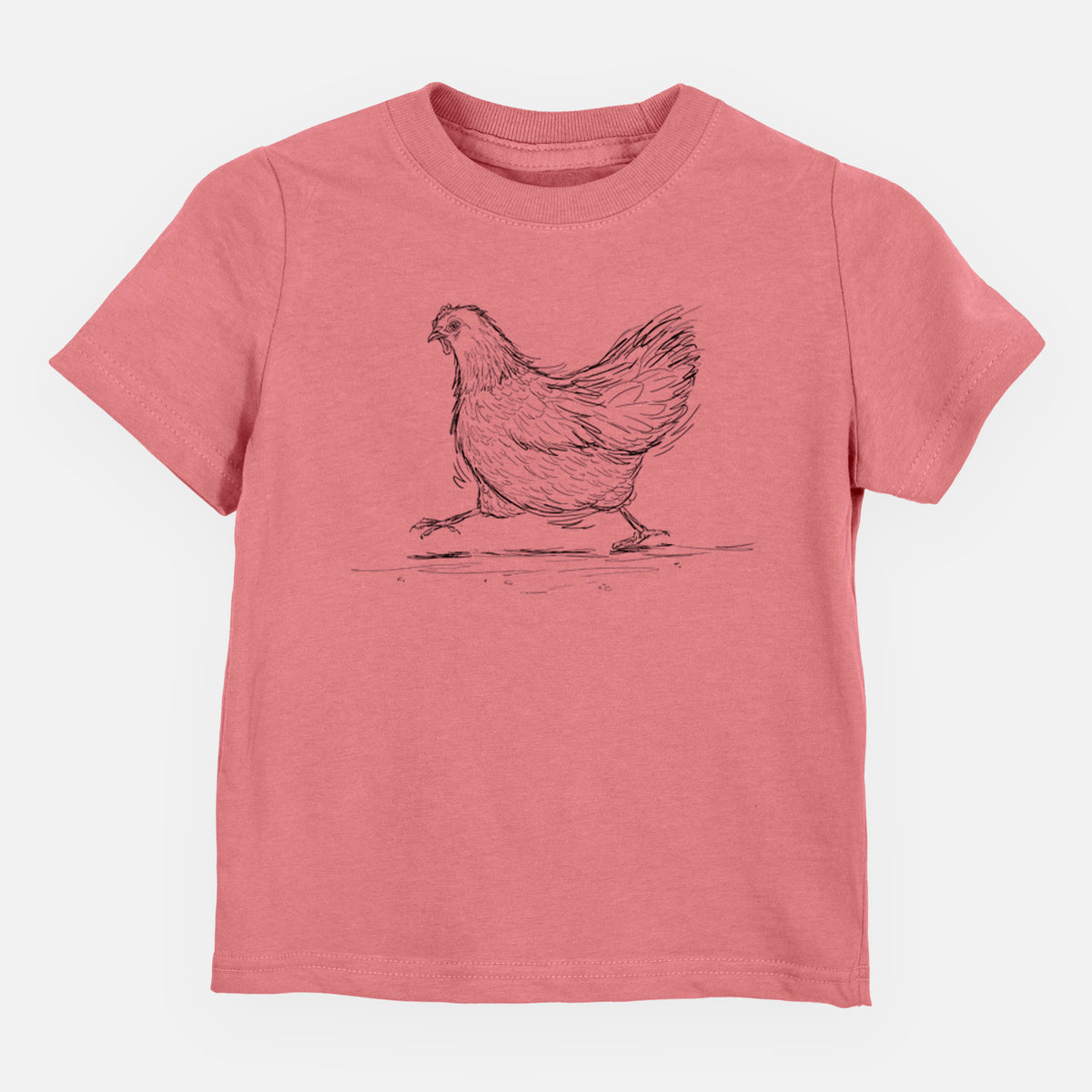 Mauve pink toddler t-shirt laid flat, printed with a black ink sketch of a hen hurrying along.