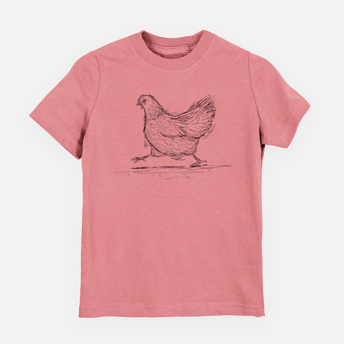 Mauve pink youth t-shirt laid flat, printed with a black ink sketch of a hen hurrying along.