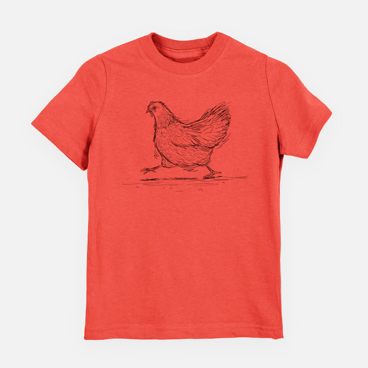 Passionfruit pink youth t-shirt laid flat, printed with a black ink sketch of a hen hurrying along.