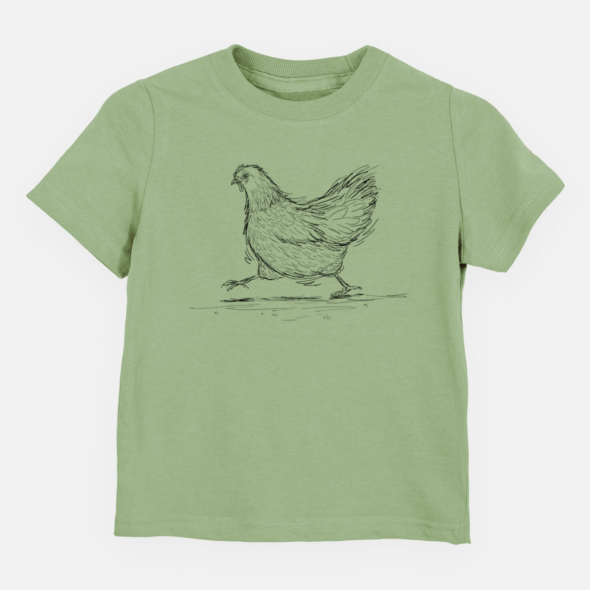 Sage green toddler t-shirt laid flat, printed with a black ink sketch of a hen hurrying along.
