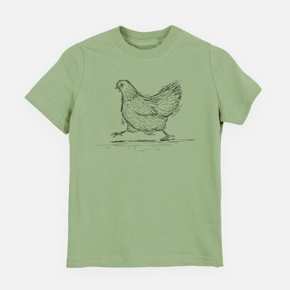 Sage green youth t-shirt laid flat, printed with a black ink sketch of a hen hurrying along.