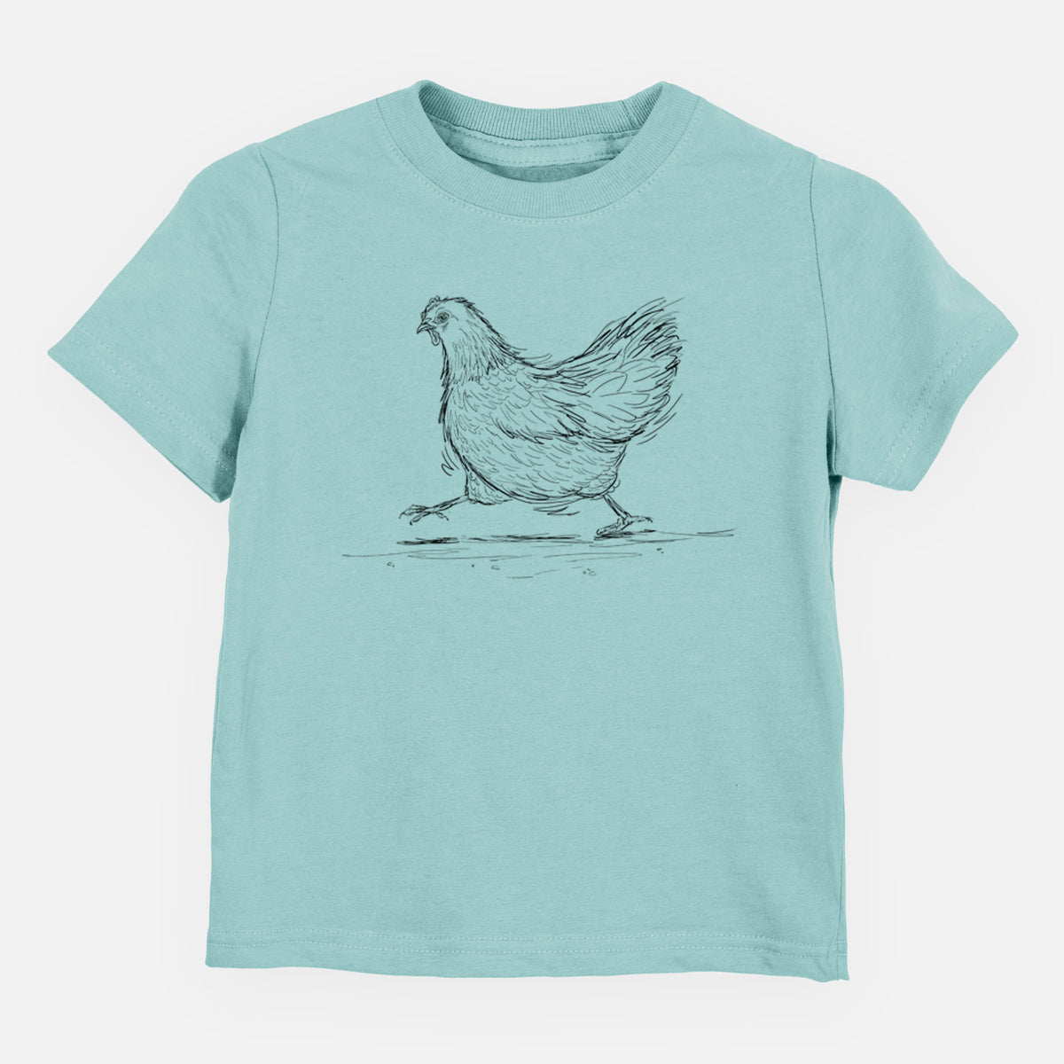 Saltwater toddler t-shirt laid flat, printed with a black ink sketch of a hen hurrying along.