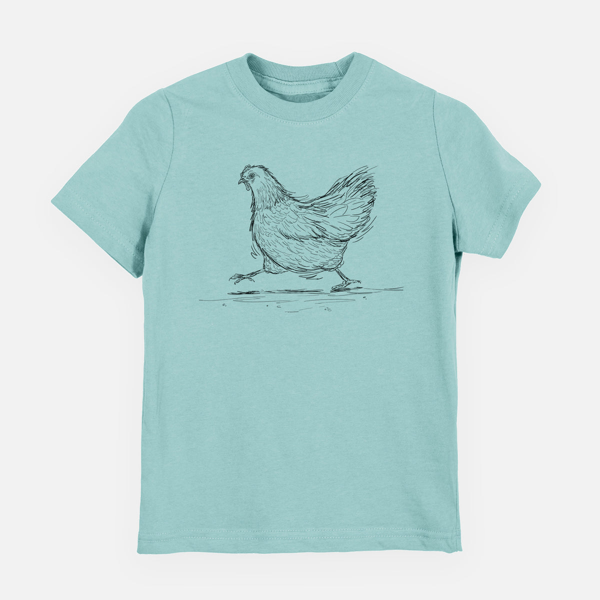 Saltwater youth t-shirt laid flat, printed with a black ink sketch of a hen hurrying along.
