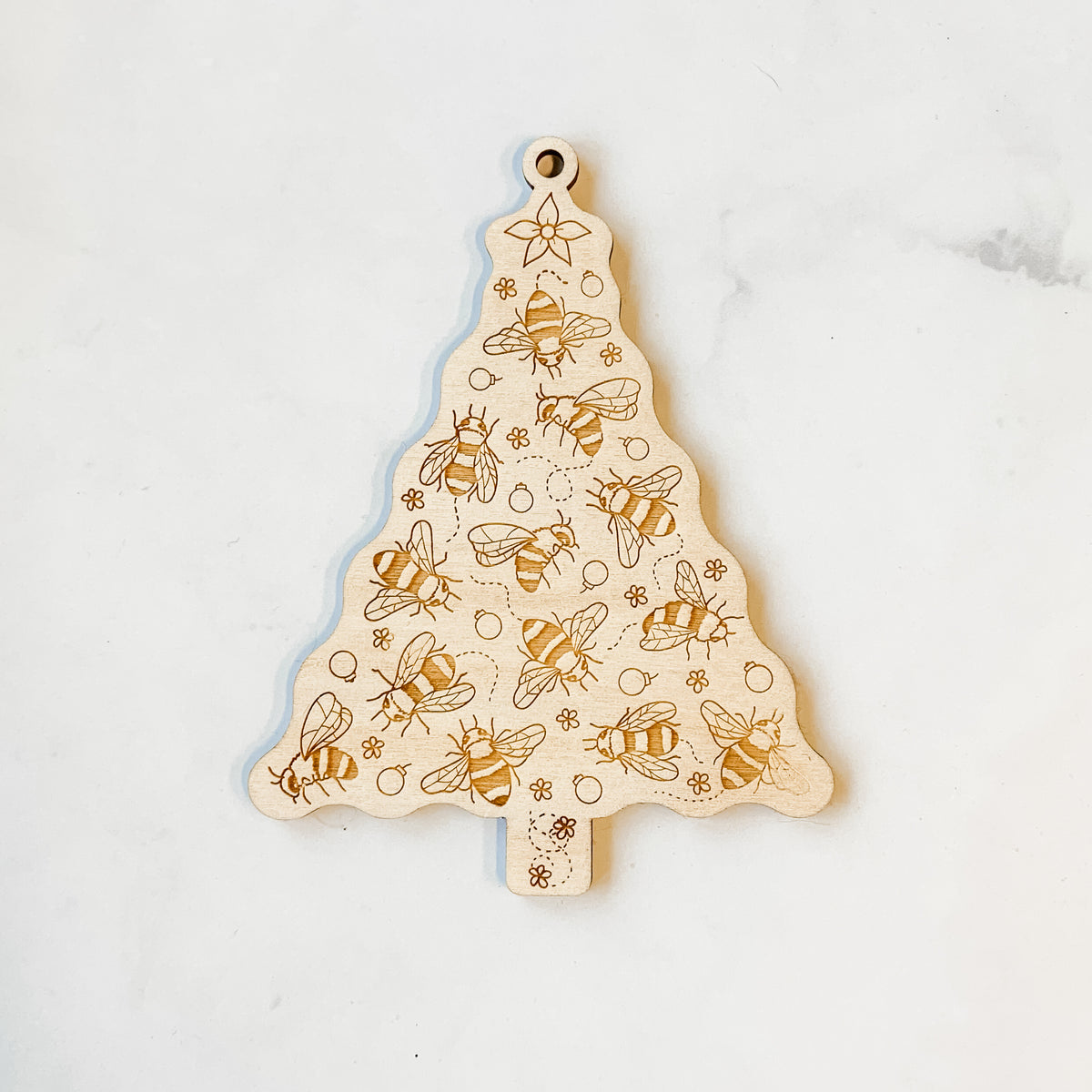Product photo of the BeCause Tees Christmas Tree of Bees Wooden Ornament.