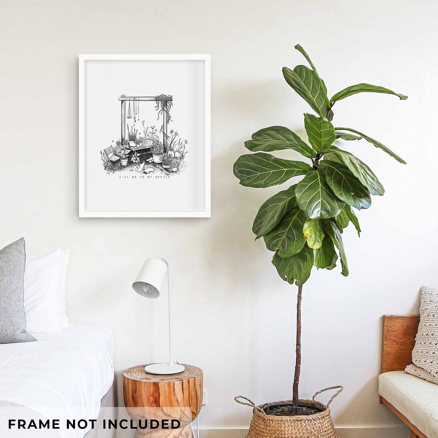 Art print of a black ink illustration of a garden gate arch surrounded by potted plants and flowers, shown with eucalyptus leaves.