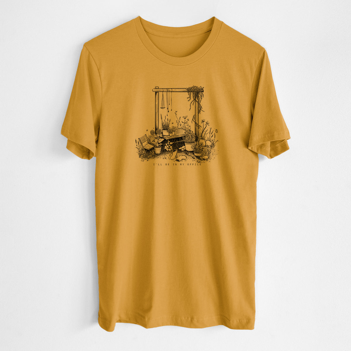 Honeycomb yellow lightweight cotton t-shirt laid flat, printed with a black ink illustration of a garden gate arch surrounded by potted plants and flowers.