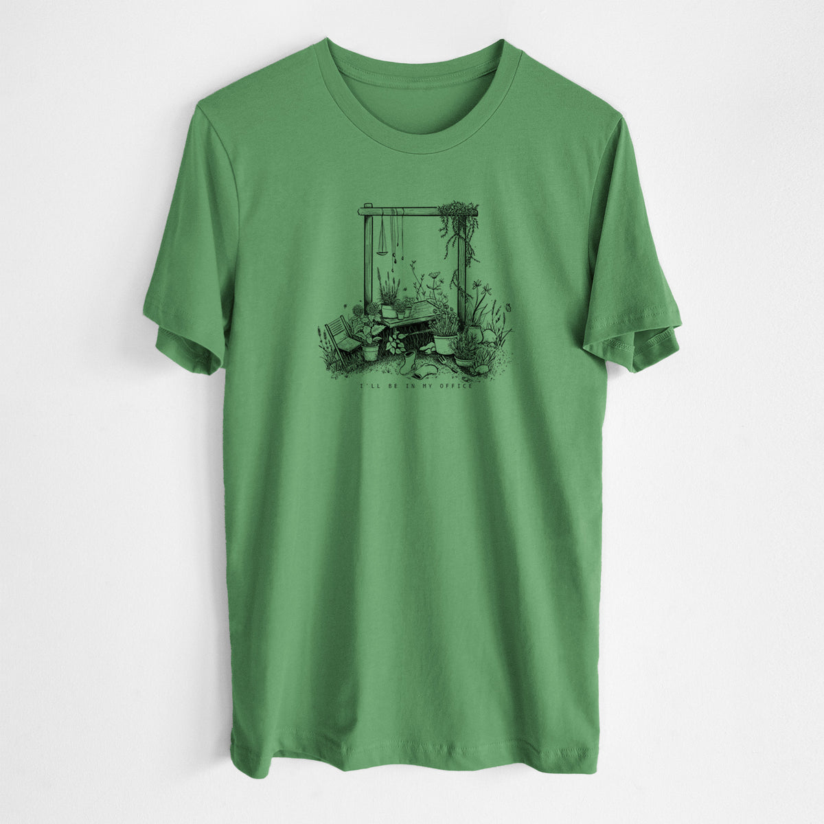 Leaf green lightweight cotton t-shirt laid flat, printed with a black ink illustration of a garden gate arch surrounded by potted plants and flowers.