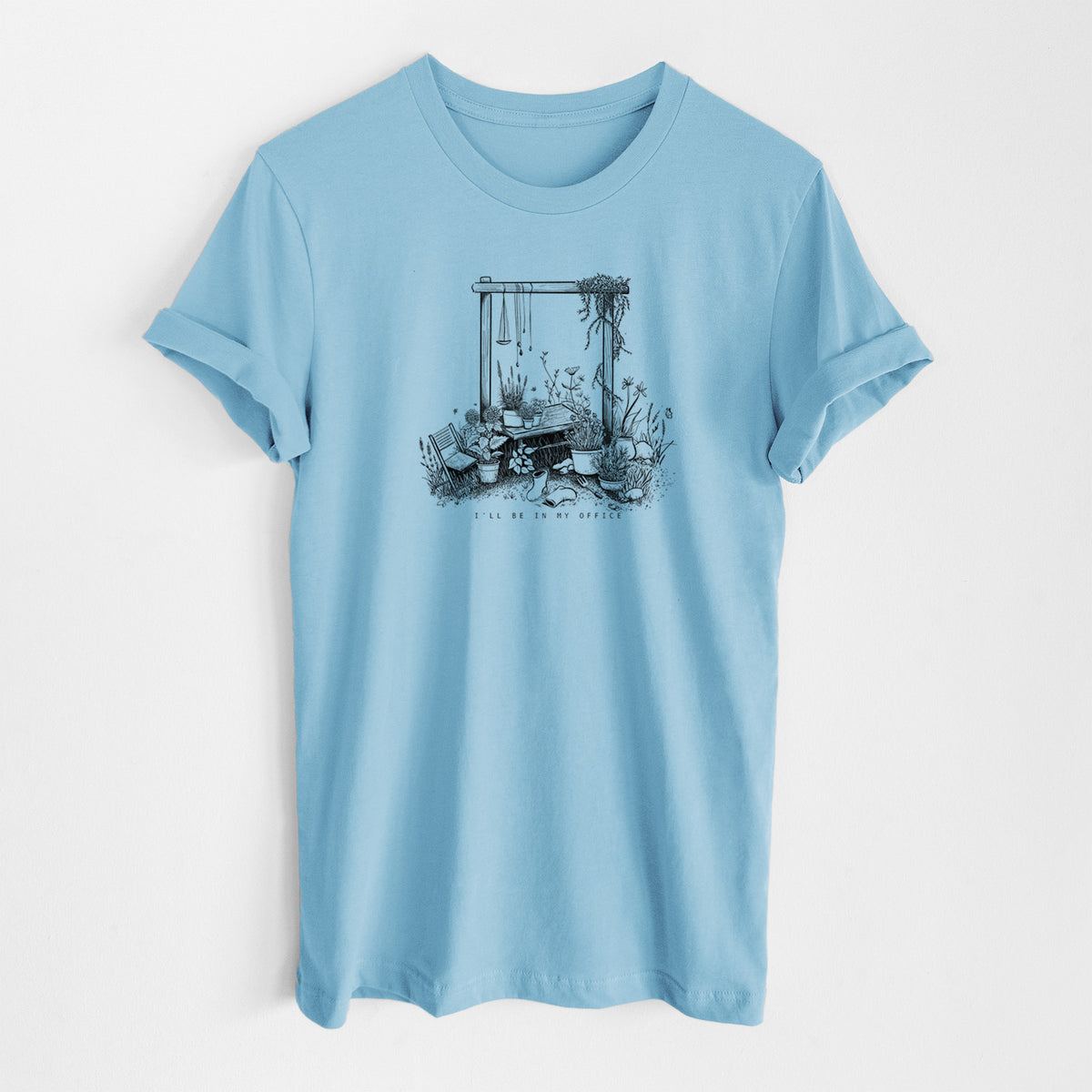 Ocean blue lightweight cotton t-shirt laid flat, printed with a black ink illustration of a garden gate arch surrounded by potted plants and flowers.