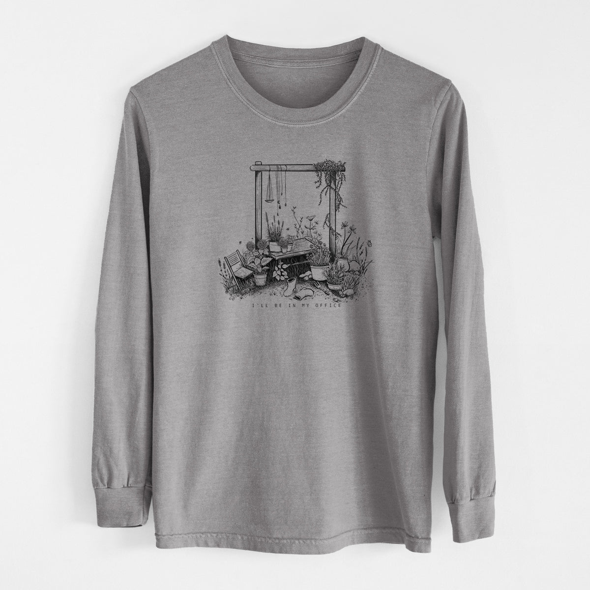 Grey Comfort Colors long sleeve shirt laid flat, printed with a black ink illustration of a garden gate arch surrounded by potted plants and flowers.
