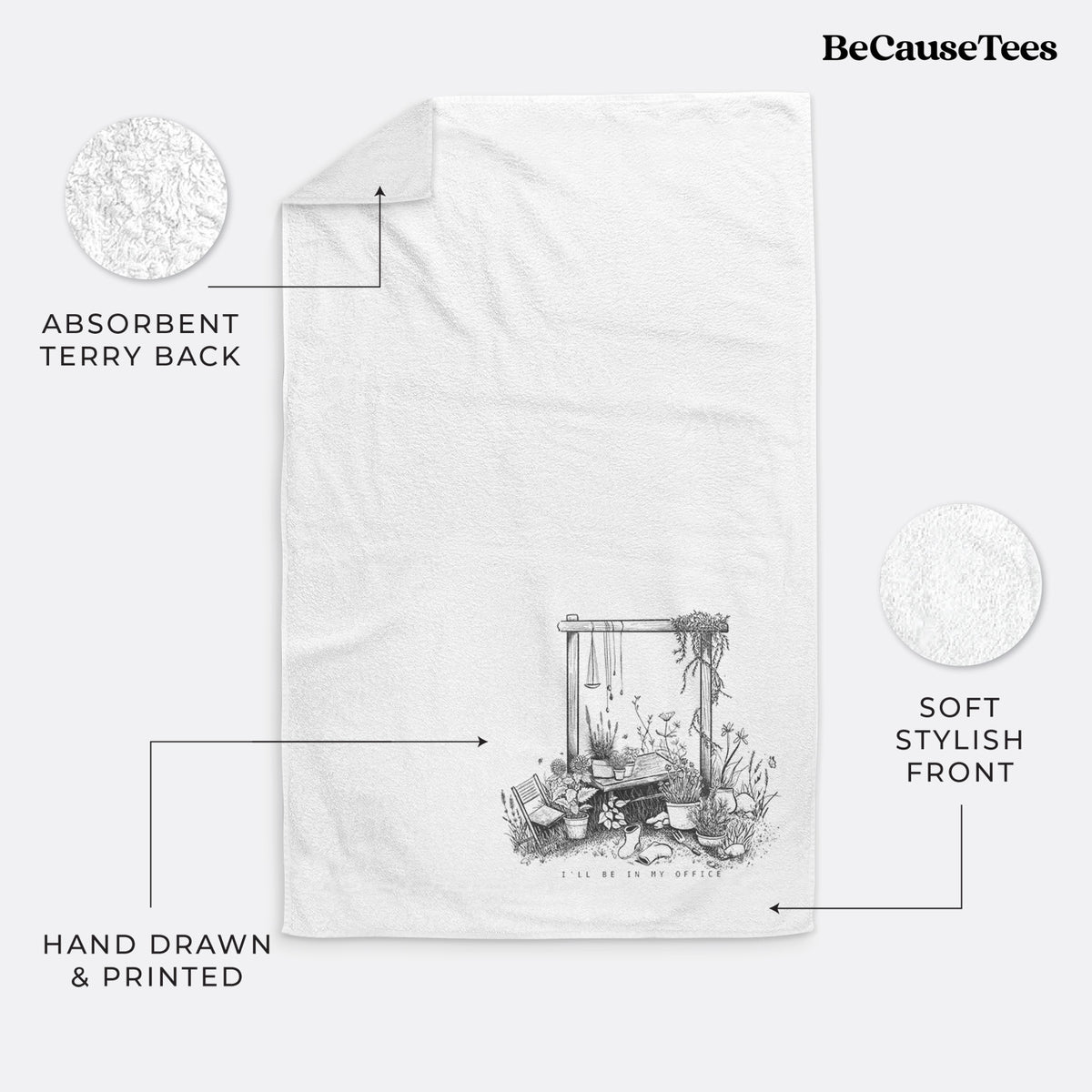 White hand towel printed with a black ink illustration of a garden gate arch surrounded by potted plants and flowers.