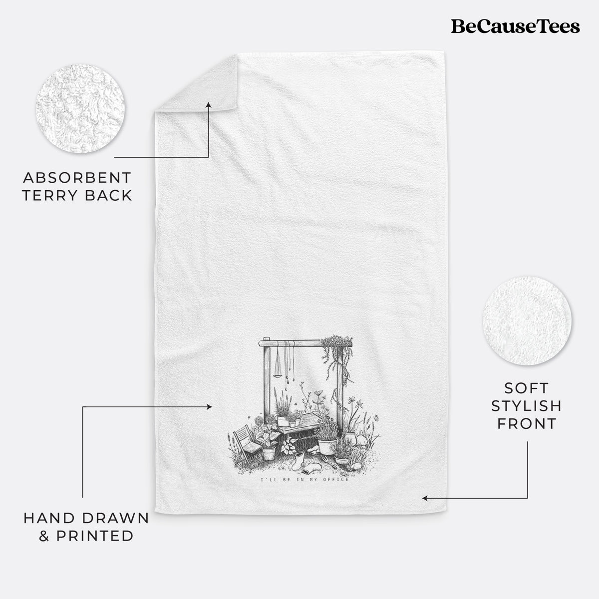 White hand towel printed with a black ink illustration of a garden gate arch surrounded by potted plants and flowers.
