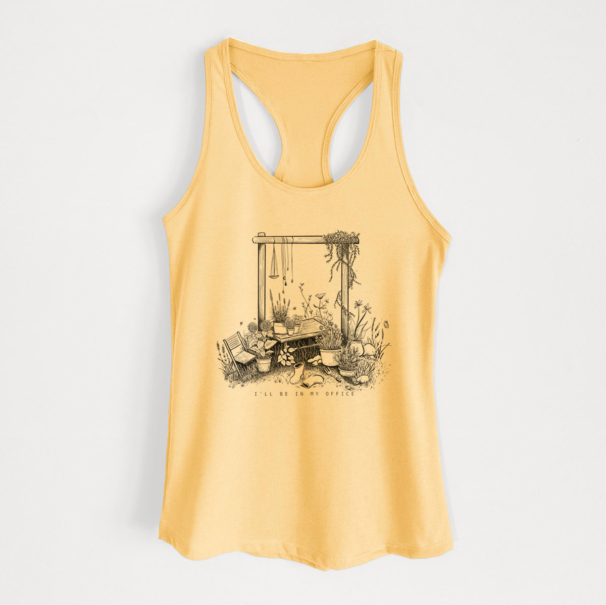 Banana cream women's racerback tank top laid flat, printed with a black ink illustration of a garden gate arch surrounded by potted plants and flowers.