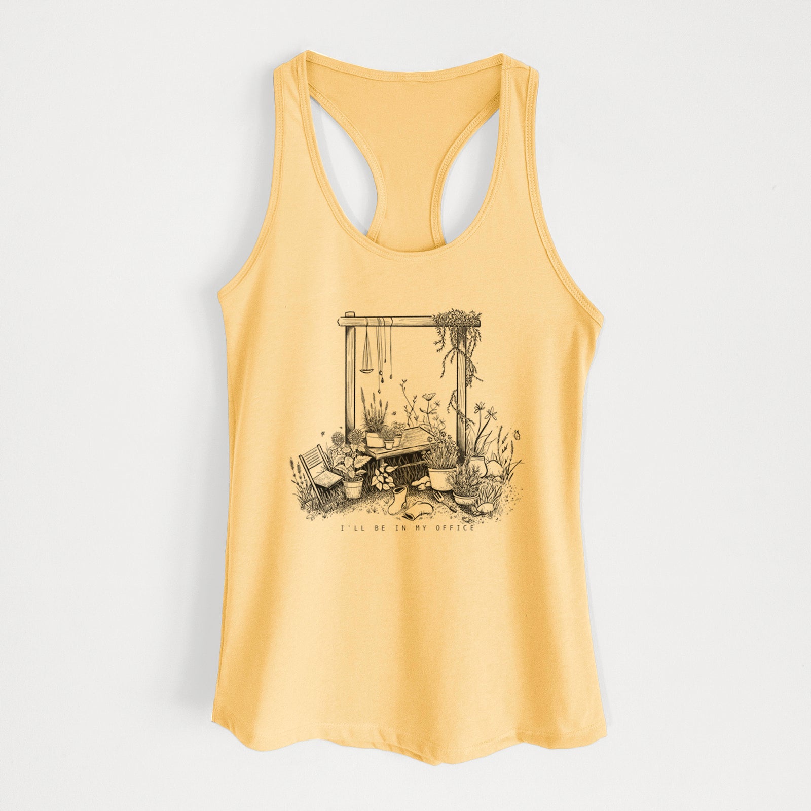 Banana cream women's racerback tank top laid flat, printed with a black ink illustration of a garden gate arch surrounded by potted plants and flowers.