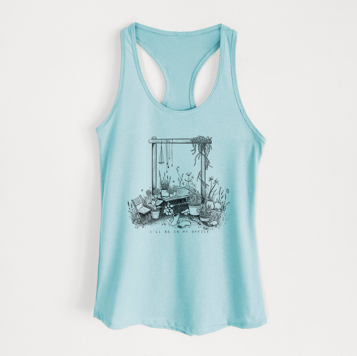 Cancun blue women's racerback tank top laid flat, printed with a black ink illustration of a garden gate arch surrounded by potted plants and flowers.
