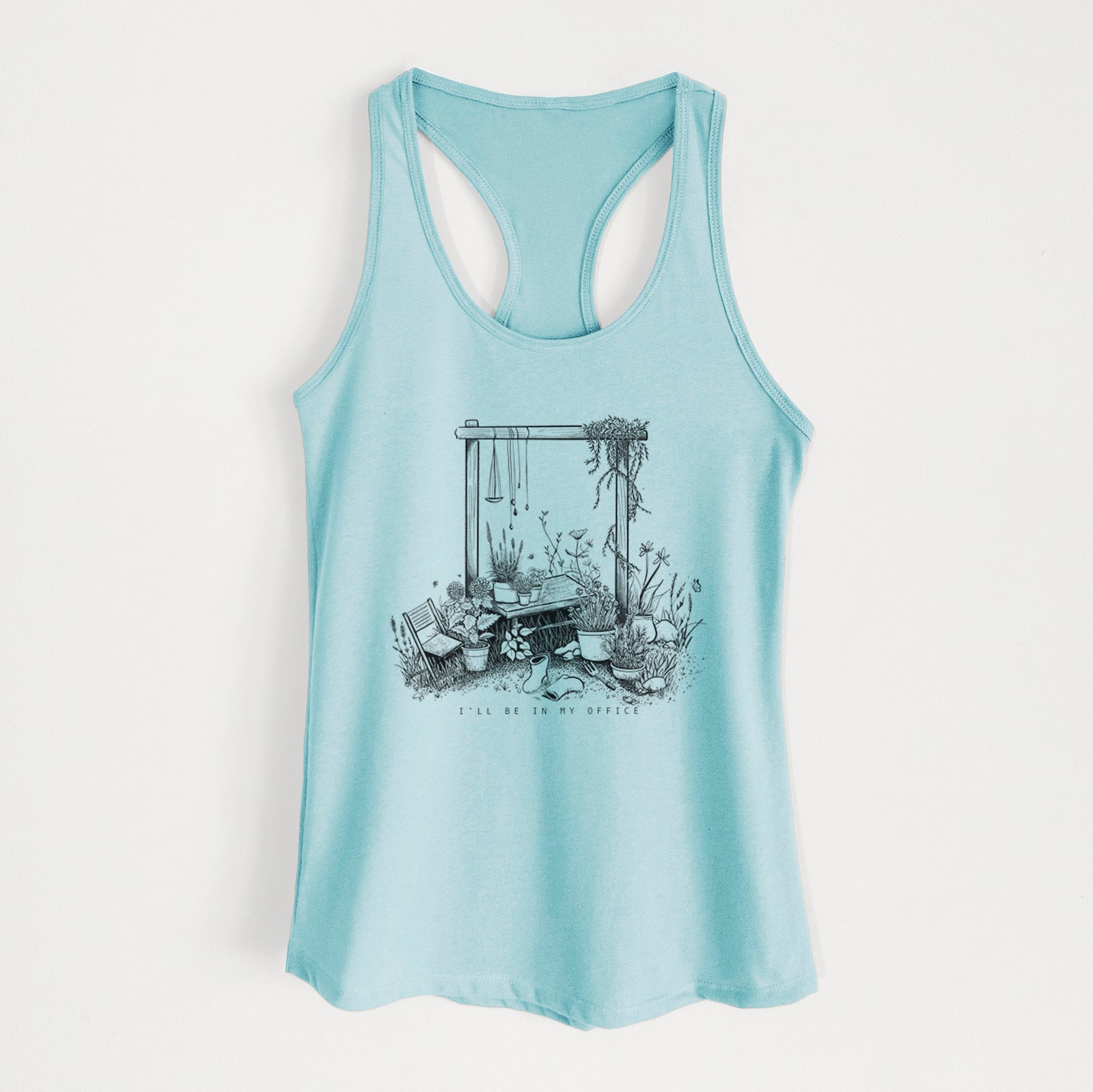 Banana cream women's racerback tank top laid flat, printed with a black ink illustration of a garden gate arch surrounded by potted plants and flowers.