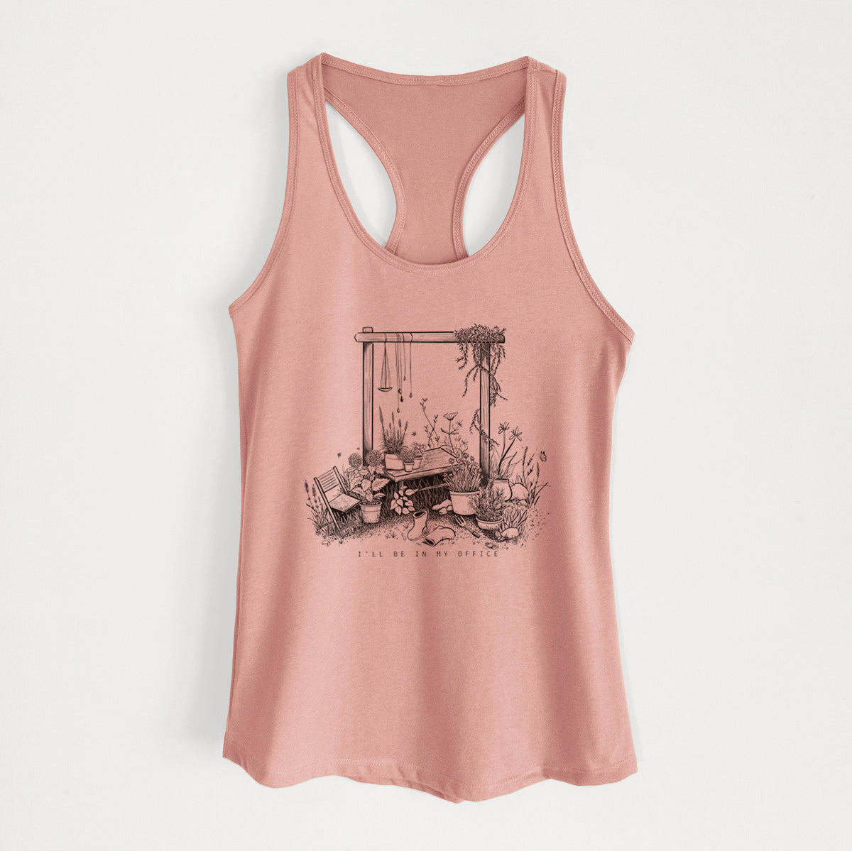 Desert pink women's racerback tank top laid flat, printed with a black ink illustration of a garden gate arch surrounded by potted plants and flowers.