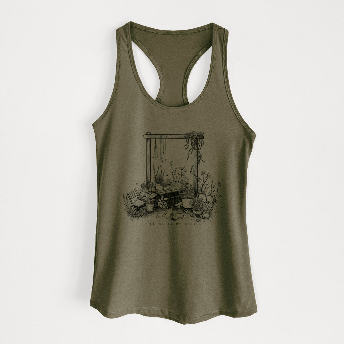 Military green women's racerback tank top laid flat, printed with a black ink illustration of a garden gate arch surrounded by potted plants and flowers.