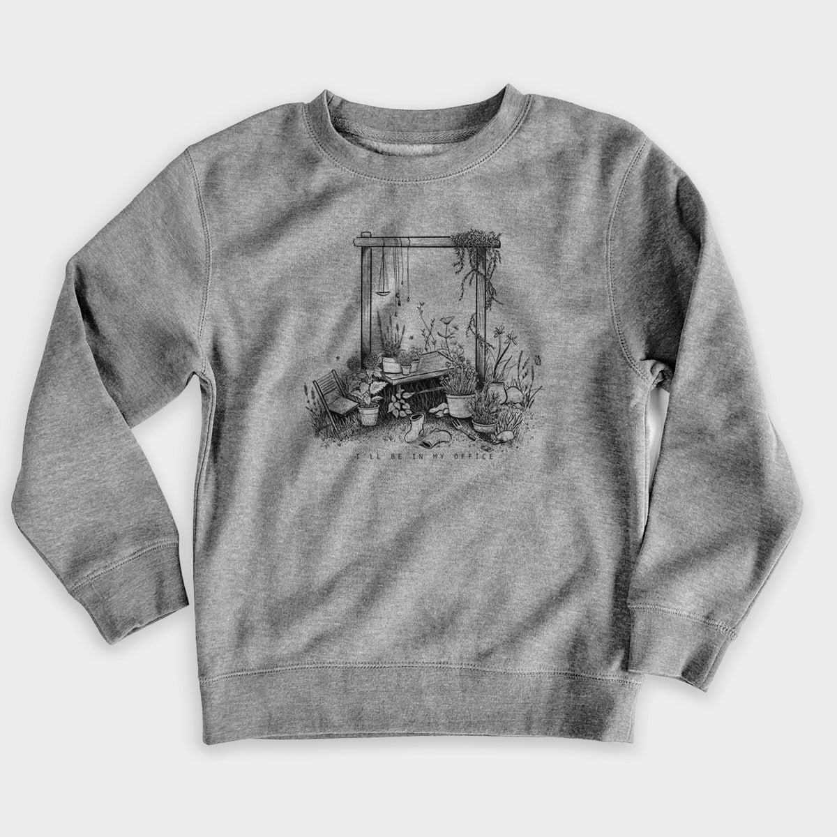 Nickel grey youth crewneck sweatshirt laid flat, printed with a black ink illustration of a garden gate arch surrounded by potted plants and flowers.