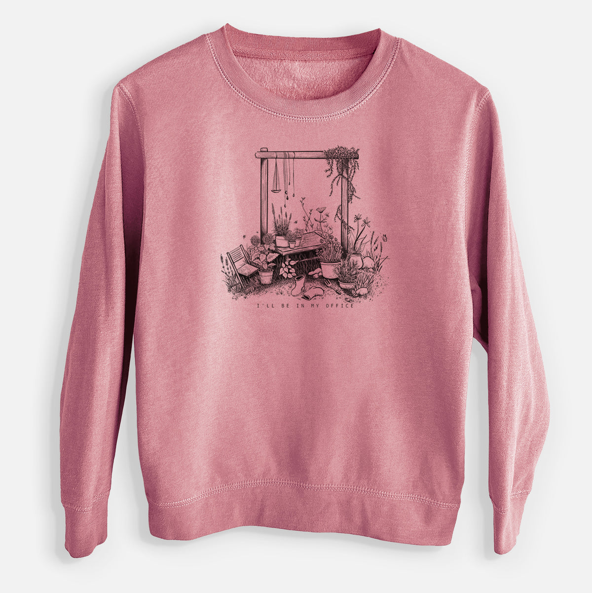 Mauve pink youth crewneck sweatshirt laid flat, printed with a black ink illustration of a garden gate arch surrounded by potted plants and flowers.